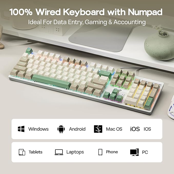 MechLands Aula S500 Wired Gaming Keyboard, 100% Full Size Mechanical Keyboard with Number Pad, 104 Keys, NKRO, RGB Backlits, Shine Through Keycaps, Ergonomic for PC E-Sports (White&Green, Red Switch)