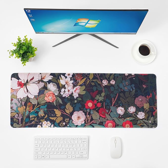 White Flowers Mouse Pad,Large Mouse Pad, Soft Rubber Base, Non-Slip Surface,31.5x11.8x0.12inch Long Computer Keyboard Mouse Mat,Office Desk Mat,Gaming Mousepad