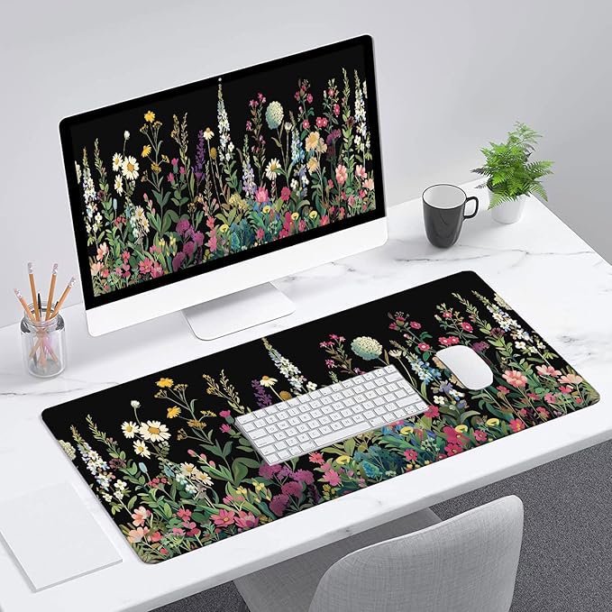 Floral Desk Mat Cute Plant Wildflowers Flowers Large Gaming Mouse Mat with Stitched Edges,Non-Slip Waterproof Rubber Base Mous Mat 31.5"x11.8" Office Computer Keyboard Laptop Home
