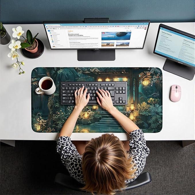 Cozy Anime Mouse Pad- Green Lofi Desk Mat - Cute Desk Decor, XXL-31.5x15.7in- Japanese Aesthetic Keyboard Gaming Mouse Pad-for Desk with Stitched Edges Non-Slip Cozy Office Decor