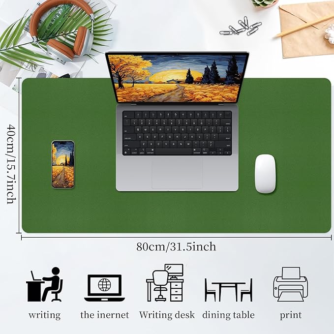 Bloss Green Leather Mouse Pad,Leather Desk Mat Protector,Dual-Side Use Mouse Mats,Office Desks Mats,Laptop Protector Desks Mat,Waterproof Keyboard Pads,Desk Writing Pad for Office/Home.31.5"x 15.7"