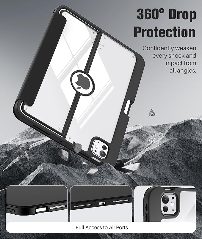 MoKo for iPad Pro 11 Inch Case (M5/M4) 2025/2024 with Pencil Holder, [Built-in Screen Protector], iPad Pro 11 M5/M4 Case with Clear Back & Magnetic Multi Angle Stand Cover, Black