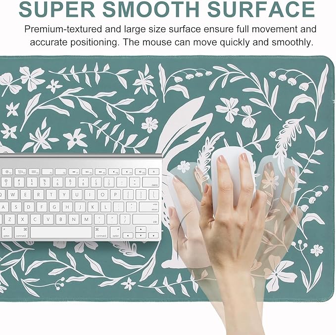 L-SPOUTTO Green Floral Desk Mat for Keyboard and Mouse,Boho XXL Gaming Mouse Pad,Large 35.4x15.7in Non-Slip Rubber Base Keyboard Pad Waterproof Desktop Mat for Laptop Computer Work Home Office-Rabbits