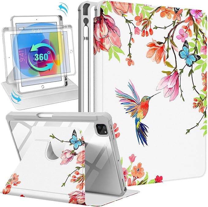 Uppuppy for iPad Pro 12.9 Case Folio Cover with Pencil Holder Kids Girls Women Cute Pretty Flower Girly Birds Colorful Design Rotating Stand for Apple iPad Pro 12.9 Inch Cases 2022/2021/2020/2018