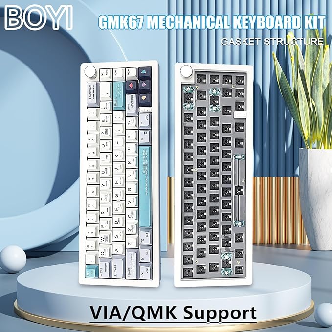 BOYI GMK67Pro Keyboard Barebones Kit,QMK/VIA Programmable BT5.0/2.4G/Type-C Tri-Mode Wireless RGB Gasket Mounted 65% Compact Custom RGB 4000mAh Mechanical Keyboard with Knob DIY Kit(White)