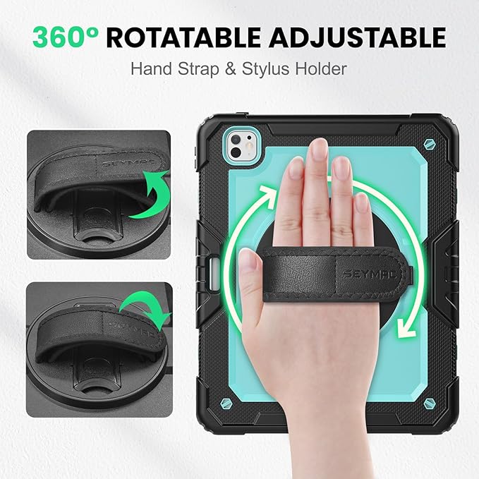 SEYMAC Case for iPad Pro 13 Inch M5 2025 / M4 2024, Heavy Duty Shockproof Protective Case with Screen Protector, 360° Rotating Stand, Hand/Shoulder Strap and Pen Holder, Light Blue