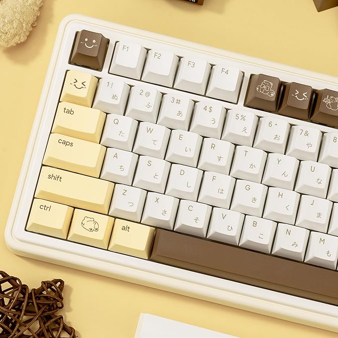 Minimalist Yellow PBT Keycaps 134Keys - Custom Cute Japanese Keycap Cherry Profile Dye Sublimation - Brown Bear Key caps for Cherry MX, Outemu, Gateron Mechanical Keyboards