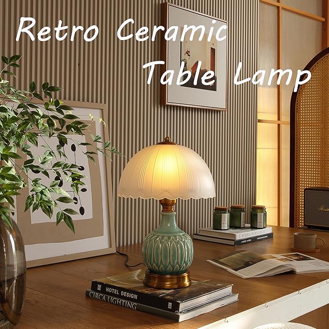 Glivpny Vintage Table Lamp for Living Room,16" Mid Century Modern Ceramic Lamps for Bedroom,Retro Bedside Nightstand Mushroom Glass Lamps, Classic Chinoiserie Green Lamp for Home Decor (LD002)