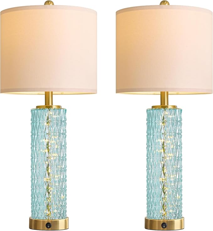 Oneach 27.75" Coastal Table Lamps Set of 2, Clear Blue Bedside Lamp with Glass Nightlight, USB A+C, Unique Desk Lamps for Living Room, Bedroom, Nightstand, End Table (2 Bulbs Included)