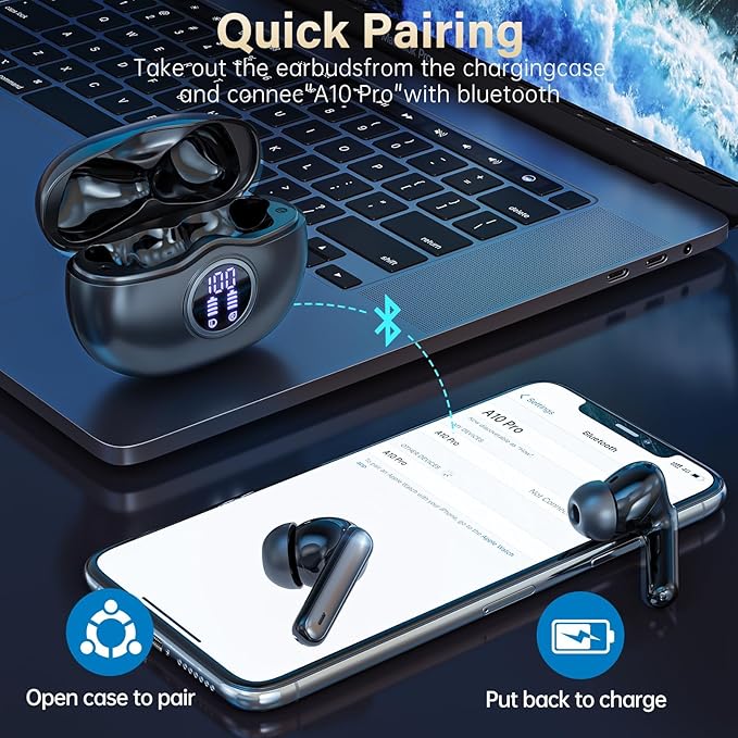 Wireless Earbuds, Bluetooth 5.3 Headphones HiFi Stereo 50H Playback LED Digital Display Ear Buds with ENC Noise Canceling Headset, IPX7 Waterproof Earphones for Gym/Running/Work (Black)