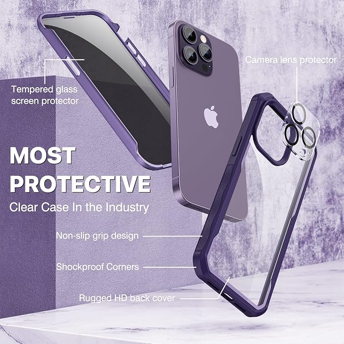 CENHUFO Privacy for iPhone 14 Pro Max Case, Full Body Phone Case with Built-in 9H Tempered Glass Privacy Screen Protector and Camera Lens Protector, Anti Peep Shockproof Bumper Cover - Deep Purple