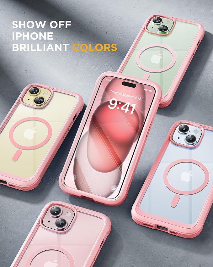 Miracase Magnetic for iPhone 15 Plus Case 6.7'' [Compatible with Magsafe] Full-Body Military Drop Proof 15 Plus Phone Case Cover with Built-in 9H Tempered Glass Screen Protector,Magnetic Pink