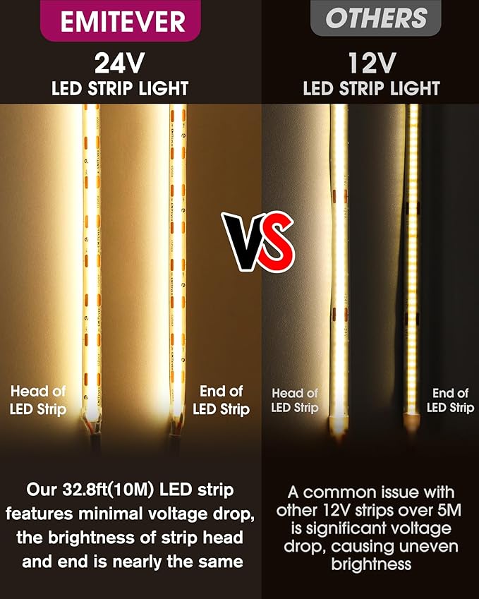 EMITEVER COB LED Strip Lights Warm White, 3000K Tape Light 16.4FT Premium High Density, DC 24V, 300+Lumens/ft,2400LEDs/Spool, Ra 90+, 3W/ft, UL Listed 5 Year Warranty (Power Supply Sold Separately)