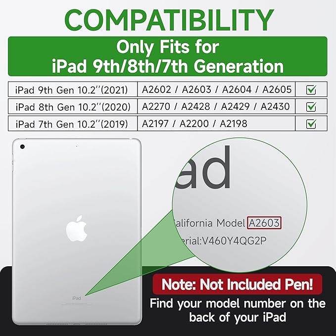 Andnary Case for iPad 9th/8th/7th Generation 10.2 inch, Shockproof Cover with Screen Protector/360° Rotate Stand/Pencil Holder/Shoulder Strap, Kids Case for iPad 2021/2020/2019 (Dark Green+Green)