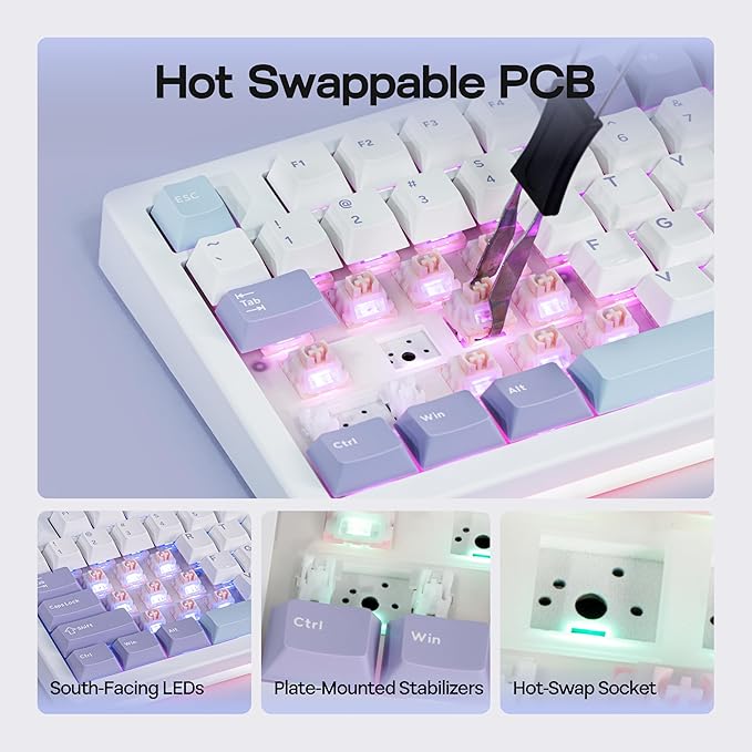 MechLands AJAZZ AK820V2 75% Wireless Gaming Keyboard with 0.9” TFT Display Screen & Knob, Gasket Mechanical Creamy Keyboard with 10000mAh Battery, Hot Swappable, RGB for Win/Mac (White Purple)