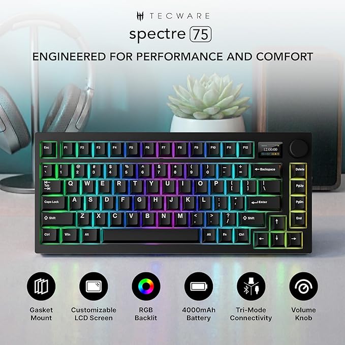 TECWARE Spectre 75 Mechanical Gaming Keyboard | Customizable LCD Screen Display & Knob | Tri-Mode Wireless Bluetooth 2.4GHz | Gasket Mount Hot Swappable | Black Cocoa Brown Tactile Switches