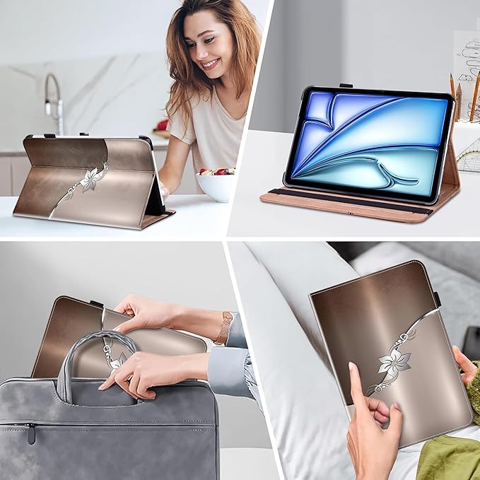 Compatible with iPad Air 11 Inch Case 8th/7th/6th Generation (M4/M3/M2) 2026/2025/2024, for iPad Air 5th/4th Generation Case 10.9 Inch 2022/2020 with Pencil Holder & Card Slots - Silver Flower