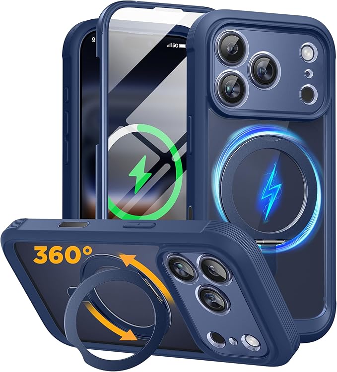 Miracase for iPhone 17 Pro Case with 360 Spin Magnetic Stand, Full-Body Phone Case with Built-in Glass Screen Protector & Camera Control, Drop Proof iPhone 17 Pro Cover, Dark Blue