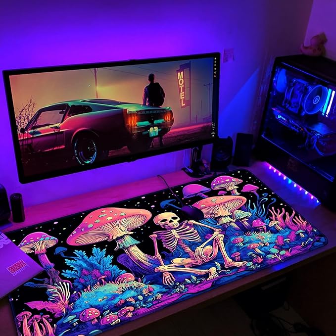 Simpkeely Large Gaming Mouse Pad XL - Blacklight Skull Mushroom Desk Mat, 31.5 x 11.8 Inch Extended Waterproof Keyboard Mousepad with Non-Slip Rubber Base for Gamers & Office Work