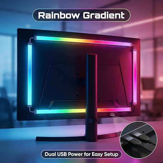 RGB Monitor Backlight with Screen Sync, Dual USB Powered Ambient Lighting Kit for 27 Inch Gaming Monitors, Music Mode, Immersive Dynamic LED Strip Lights for PC Setup (4 Sides - 27 inch)