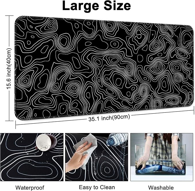 Desk Mat,Large Gaming Mouse Pad 35''×15.6'' XXL Extended Mouse Pad Mat Desk Pad with Non-Slip Base Mousepad for Computer,Office,Keyboard and Laptop - Topographic Black and White