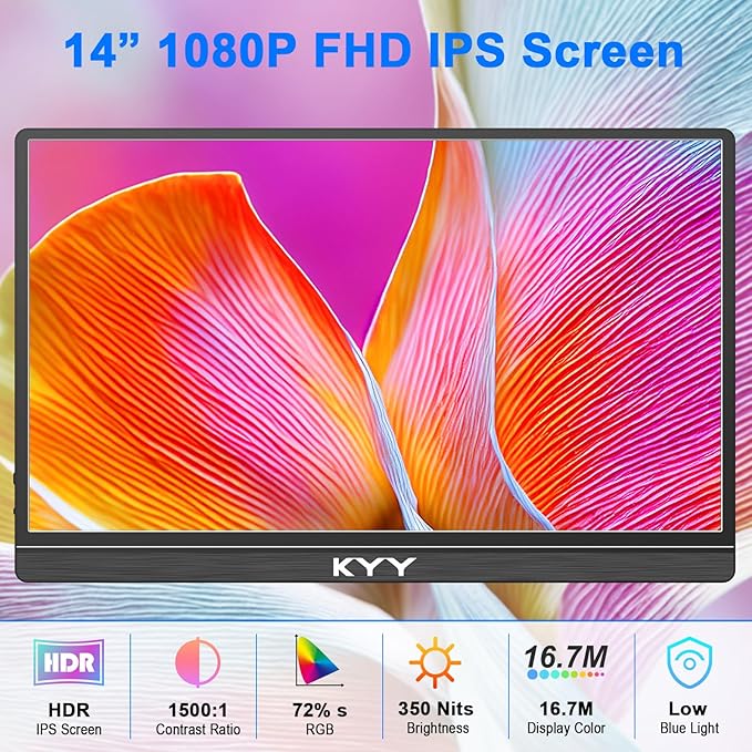 KYY Portable Monitor 14' FHD 1080P - Ultra-Slim Portable Laptop Monitor Computer Display with Type-C HDMI Speakers for Laptop PC Phone Mac PS4 PS5 Xbox Switch