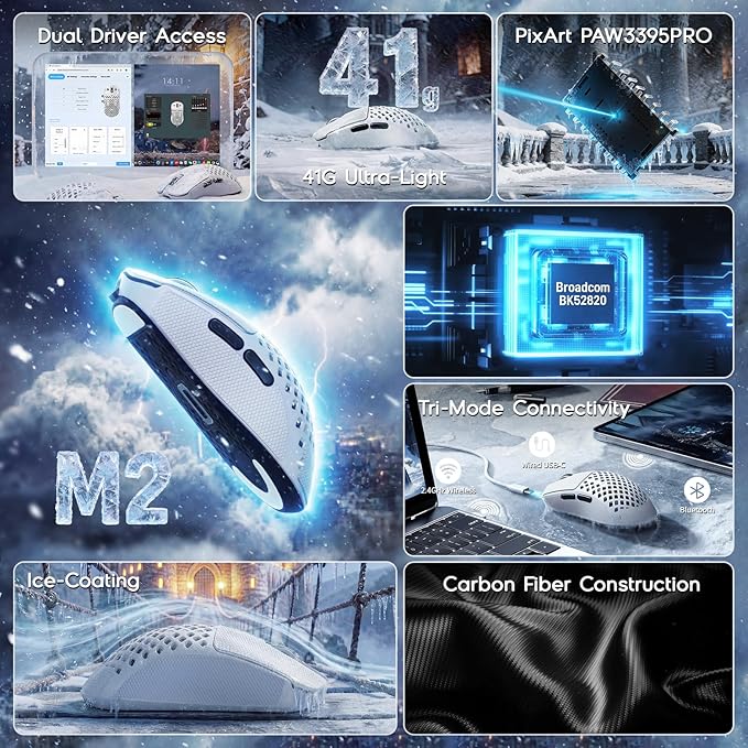 ATTACK SHARK M2 Wireless Gaming Mouse,41g Ultra-Lightweight Carbon Fiber,40,000 DPI,PAW3395PRO Sensor,Wired/BT/2.4GHz Wireless Programmable Mice Griptape for PC/Mac(White)
