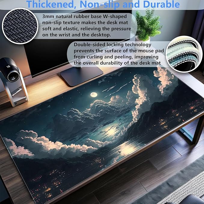 Anime Aesthetic Desk Mat - Large Gaming Mouse Pad XXL (31.5 x 15.7 in) - Extended Full Moon Cloud Keyboard Pad with Stitched Edges, Non-Slip Base for Home Office & Gaming Setup
