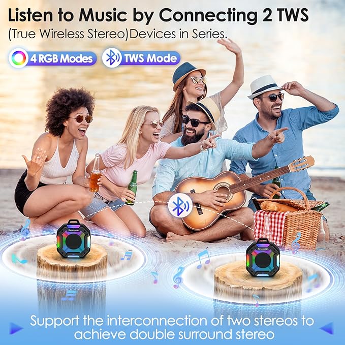 Shower Speaker Bluetooth 5.4, IPX7 Waterproof Portable Bluetooth Speakers with LED Lights, 24H Playtime, TWS Pairing for Dual Stereo Sound, Detachable carabiner for Outdoor Pool Beach Gift -Black