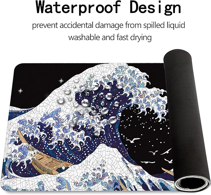 MEWOOCUE® Gaming Mouse Pad for Desk,Large Wave Mousepad Laptop,Black White Japanese Anime Mouse Mat,Long XXL Waterproof Keyboard Pads,Big Non-Slip Mousepads for Game Office Home（31.5 x 11.9 in）