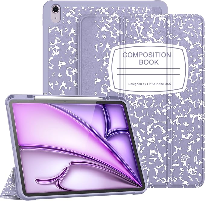 Fintie SlimShell Case for iPad Air 13-inch M4/M3/M2 (2026/2025/2024) - [Built-in Pencil Holder] Soft TPU Protective Stand Back Cover with Auto Wake/Sleep, Composition Book Lilac