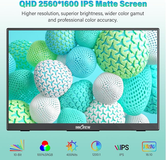 InnoView 16" Portable Monitor 120Hz 2.5K QHD 2160x1600 100% sRGB Laptop Screen Extender | 2 x Type-C & HDMI Portable Monitor for Macbook/Switch/PS5/Xbox(Adapter Excluded)