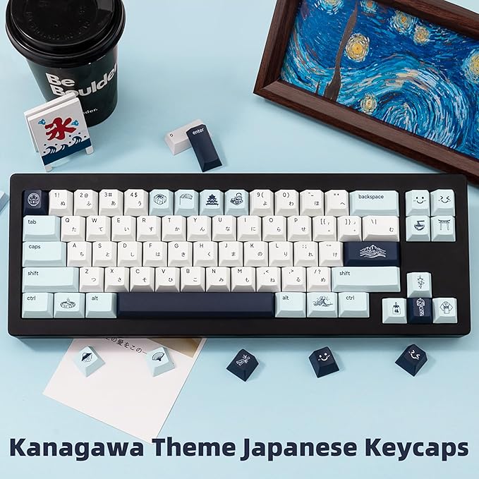 134 Keys PBT Keycaps - Dye-Sublimation Japanese Kanagawa Theme Keycaps, Cherry Profile Blue and White Cute Keycap Set Compatible with Cherry Gateron Mechanical Gaming Keyboards