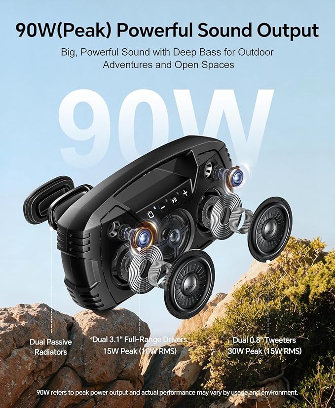 IPX7 Waterproof Outdoor Bluetooth Speaker, Wireless, 90W(Peak), 32H Playtime, Floating Design, Deep Bass & Loud Stereo Sound, Portable with Handle, Rugged for Pool, Beach, Kayaking, Hiking, Black