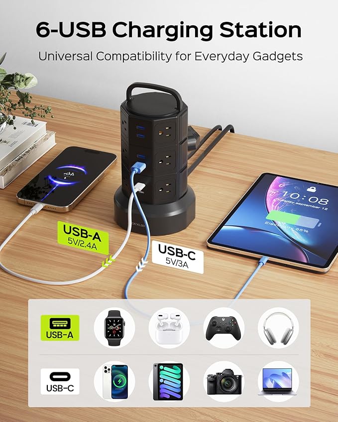 Power Strip Tower Surge Protector, JACKYLED 1625W 13A Outlet Surge Electric Tower, 12 Outlets 6 USB Ports Charging Station with 16AWG 6.5ft Heavy Duty Extension Cord for Home Office Dorm Black