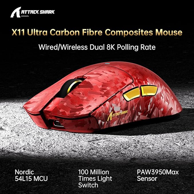 ATTACK SHARK X11 Ultra 8K Carbon Fiber Wireless Gaming Mouse with 42000 DPI-PAW3950 MAX Sensor-63g Lightweight,Nordic 54L15 MCU Chip,Wired/BT/2.4Ghz,100 Million Clicks,Programmable for PC Mac FPS(Red)