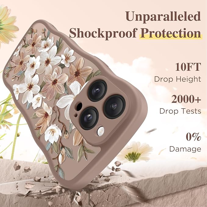 GVIEWIN for iPhone 14 Pro Max Case Compatible with MagSafe [Curly Wave Edge][Full Camera Protection] Floral Translucent Shockproof Magnetic Women Phone Case for 14 Pro Max, Dogwood/Brown