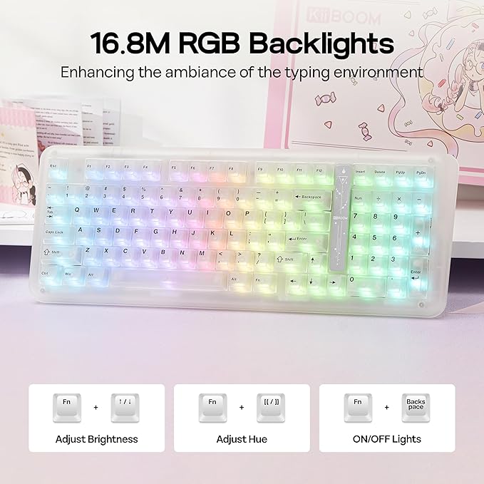 KiiBoom Phantom98 Lite 96% Wireless Mechanical Gaming Keyboard, VIA Programmable, Creamy Keyboard with Gasket, 8000mAh Battery, Hot Swap, RGB Backlits, NKRO for Win/Mac (Clear, Mossy Silent Switch)