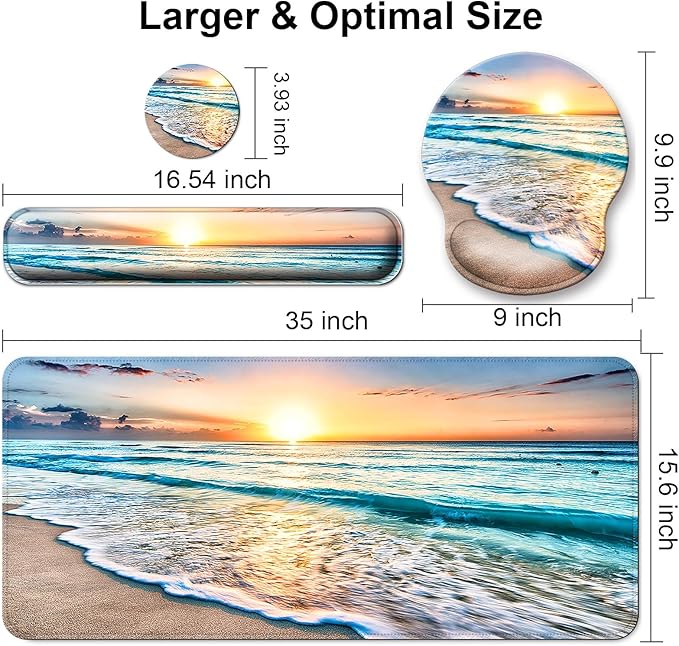 Mouse Pad + Desk Mat + Keyboard Wrist Rest + Coaster 4 in 1 Set, Cute Ergonomic Large Gaming Mousepad with Wrist Rest Support Desk Pad for Computer Laptop Office Home Decor-Beach