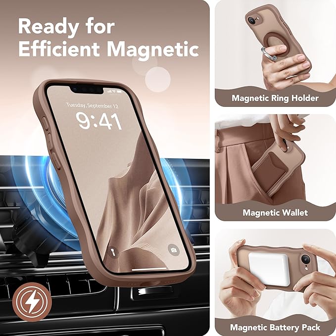 CAPRARO for iPhone 16e Case for Women Girls, Upgraded [Full Camera Protection] [Compatible with MagSafe] Cute Wave Translucent Matte Phone Case for iPhone SE 4 6.1-Inch, Brown