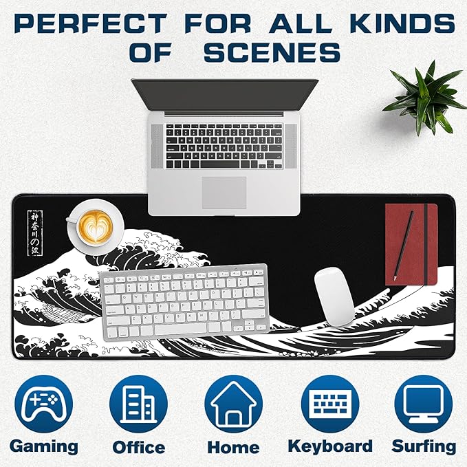 Mouse Pad Gaming - Desk Mat for Keyboard and Mouse - Kanagawa Large Mouse Pads for Desk, Japanese Sea Wave Gaming Mousepad with Non-Slip Base, Desks Pad (31.5" X 11.8") for Game and Office
