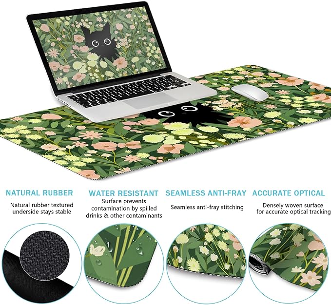 Blusabaca Black Cat Mouse Pad Desk Mat, Large Gaming Mouse Pad with Wrist Rest, Keyboard Pad Wrist Rest, Cup Coaster, Work Home Desk Accessories