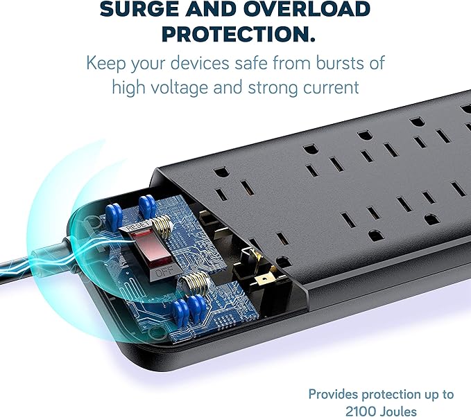 Power Strip Surge Protector USB-C and 10 AC Outlets, 3 USB and 1 USB C, Fast Charging Ports, Black, Flat Plug 6 ft Extension Cord, 2100 J 1875 Watts, 15A, Outlet Extender, ETL, BENTRONIC.