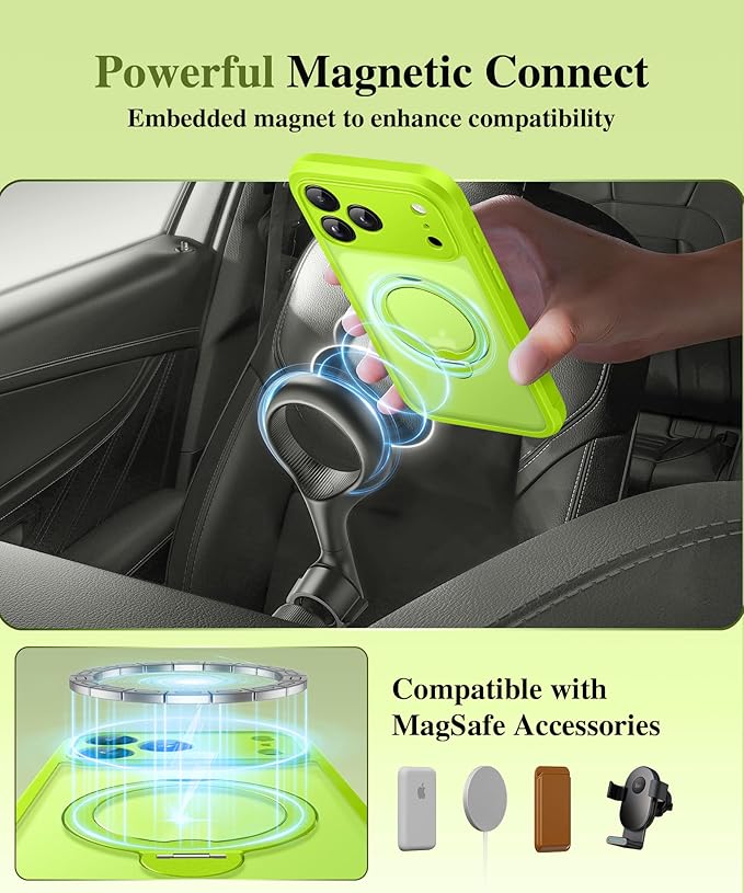 BERFY for iPhone 17 Pro Case, Compatible with MagSafe, Built in Privacy Screen Protector, Shockproof Full Body Phone Case for 17 Pro with Magnetic Stand, Translucent Bright Green