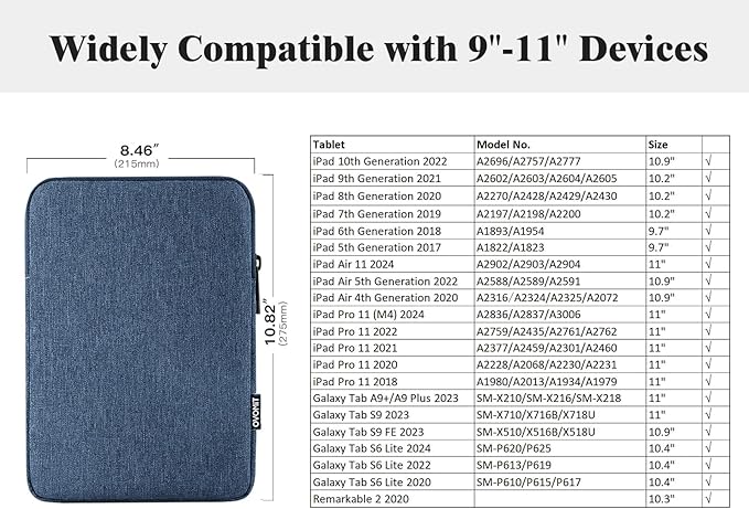 TiMOVO 9-11" Tablet Sleeve Bag for iPad 11-inch A16 2025, iPad 10.9"/10.2"| Air 11 Inch/5th/4th Gen. 10.9", Galaxy Tab A9+/A11Plus 11", Protective Bag Fit Smart Keyboard, Blue
