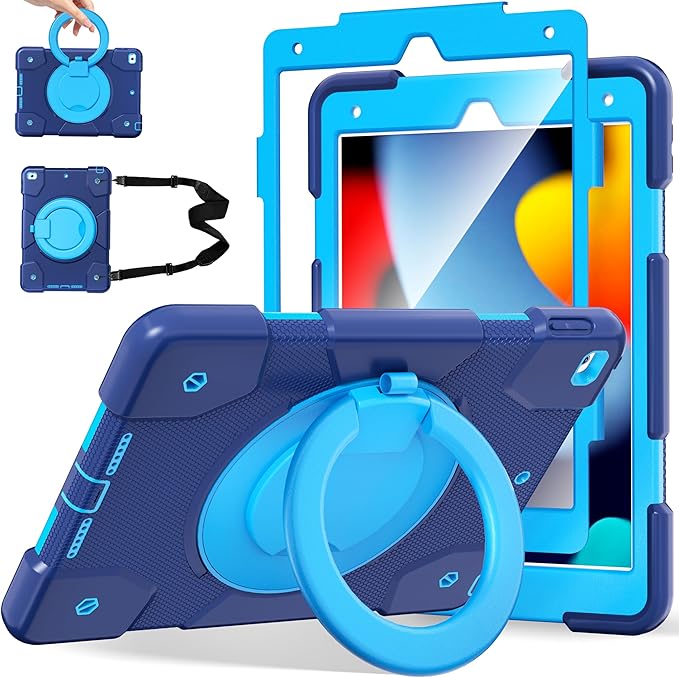 Andnary Case for iPad 9th/8th/7th Generation 10.2 inch, Shockproof Cover with Screen Protector/360° Rotate Stand/Pencil Holder/Shoulder Strap, Kids Case for iPad 2021/2020/2019 (Navy+Blue)