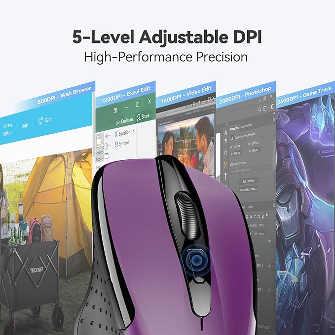 TECKNET Wireless Mouse, 2.4G Ergonomic Optical Mouse, Computer Mouse for Laptop, PC, Computer, Chromebook, Notebook, 6 Buttons, 24 Months Battery Life, 2600 DPI, 5 Adjustment Levels - Purple