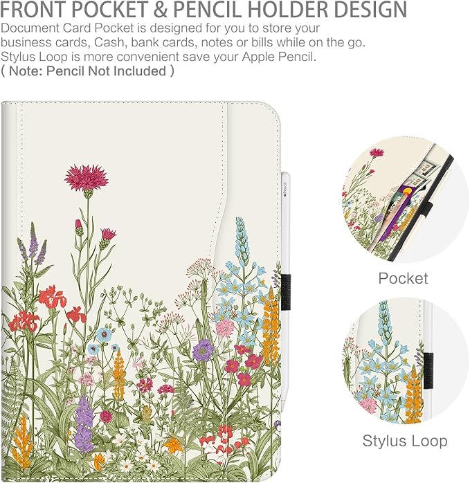 iPad Pro 13 inch Case (M5) 2025, Case for iPad Pro 13-inch (M4) 2024 with Pencil Holder Multi-Angle View Adjustable Stand Shockproof Protective case with Pocket/Hand Strap/Auto Wake Sleep, Flowers