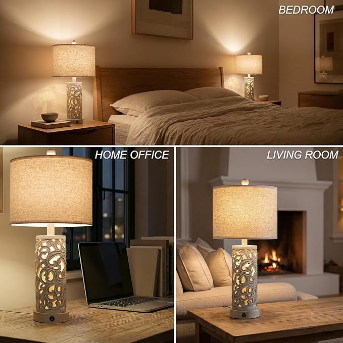 OYEARS Bedside Table Lamps Set of 2 with USB & Night Light, 22'' Farmhouse Bedroom Lamps for Nightstand, Vintage Table Lamps for Bedroom Living Room Home Offce (Bulb Included)
