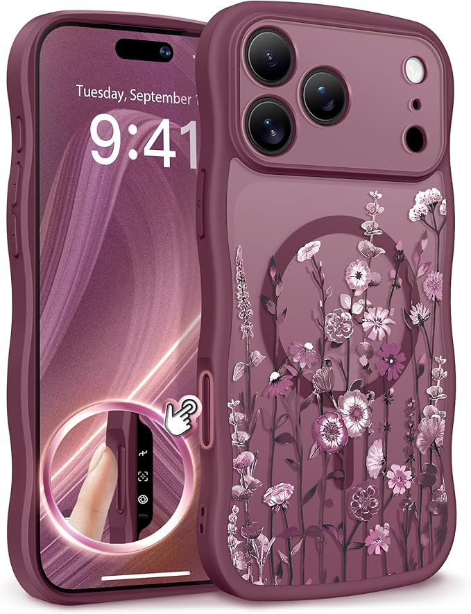 GVIEWIN for iPhone 17 Pro Max Case Compatible with MagSafe [Curly Wave Edge][Full Camera Protection] Floral Translucent Shockproof Magnetic Women Phone Case for 17 Pro Max, Floratopia/Burgundy